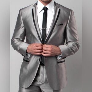 TAZIO ultra slim fit shiny silver blazer w/black trim